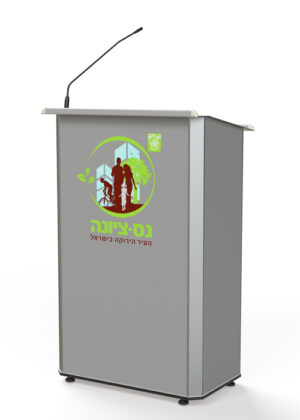 דוכן נואם-פודיום דגם POD-LBC-R ברוחב 70 ס"מ עם מקרופון ומיתוג בהדפסה ישירה על לוח החזית