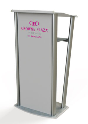 דוכן נואמים-פודיום דגם -POD-U-BP עם בסיס קבוע ומיתוג חזית בהדפסה ישירה.